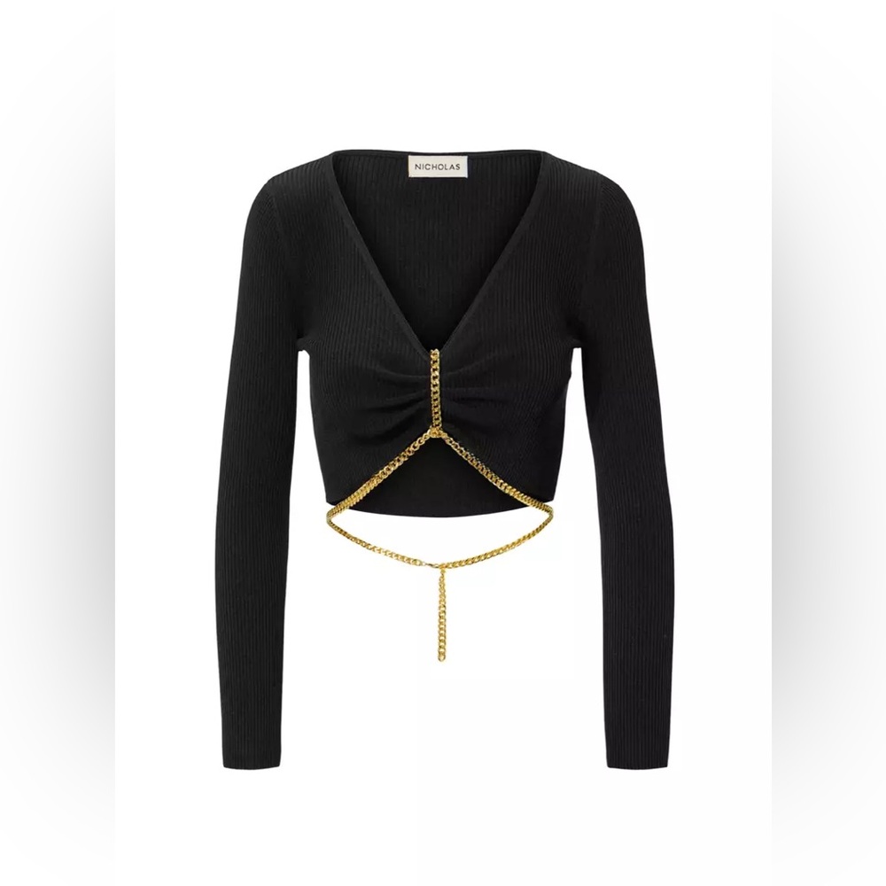 NWT Nicholas Alma Halter Body Jewel Gold Chain Ribbed Long Sleeve Cropped Top S